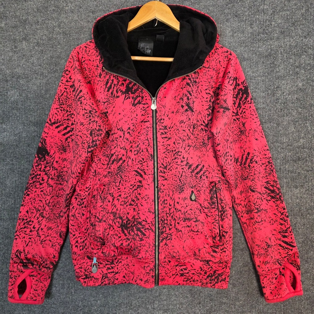 Vintage Volcom Women Red Black Animal Print Zip Up Hoodie Fleece Jacket Ski Snow - Picture 2 of 15